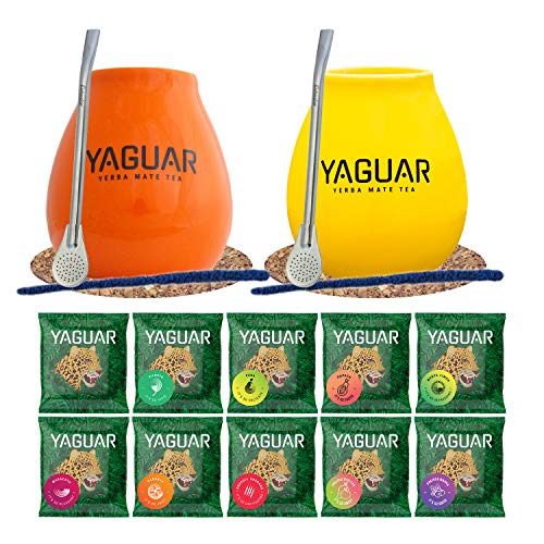 Yaguar Mate Tee Set mit Zubehör für zwei Personen | Proben von Yaguar Mate Tee | 10x50g | Kalebasse, Bombilla und Zubehör | Brasilianische Mate Tee | Natürliches Koffein | 500g | 0,5kg von Yaguar