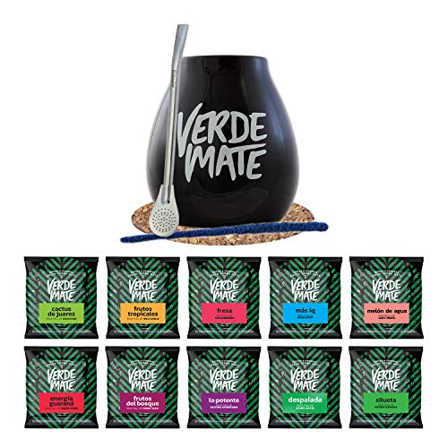Verde Mate Mate Tee Set mit Zubehör | Proben von Verde Mate Green Mate Tee | 10x50g | Kalebasse, Bombilla und Zubehör | Brasilianische, grüne Mate Tee | Natürliches Koffein | 500g | 0,5kg von Verde Mate