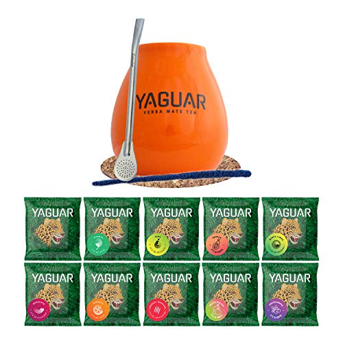 Yaguar Mate Tee Set mit Zubehör | Proben von Yaguar Mate Tee | 10x50g | Kalebasse, Bombilla und Zubehör | Brasilianische Mate Tee | Natürliches Koffein | 500g | 0,5kg von Yaguar