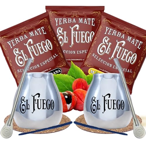 Mate-Tee-Probenset mit Zubehör | Mate Tee El Fuego | 2x Kalebasse, 2x Mate Tee Bombilla | 3x50g | Mate Tee aus Paraguay | Natürliches Koffein von Cebador