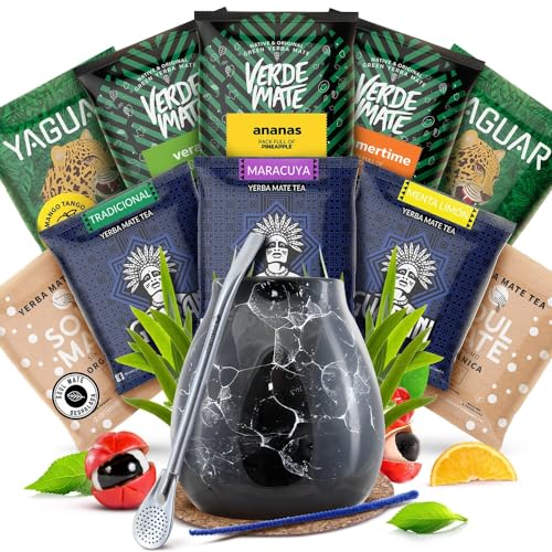 Mate Tee Probenset und Zubehör | Mate Tee Yaguar, Verde Mate, Soul Mate, Guarani | Mate Tasse/Kalebasse, Bombilla und Zubehör | Natürliches Koffein | 10x50g | 500g | 0,5kg von Cebador