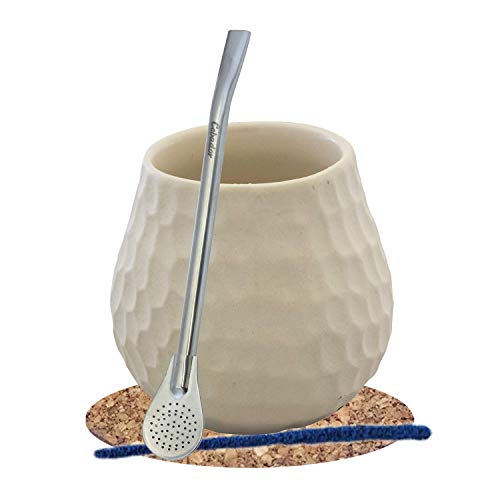 Mate Tee Starter Set| Set für Anfänger | Keramischer Mate Becher 350 ml | Bombilla aus Edelstahl | Korkuntersetzer | Reiniger | Produkt von Cebador von Cebador