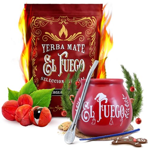 Mate Tee set El Fuego Energia Guarana mit Zubehör | Hochenergetische Mate Tee mit Guarana | Kalebasse, Bombilla und Zubehör | Paraguayische Mate Tee | Natürliches Koffein | 500g | 0,5kg von Cebador