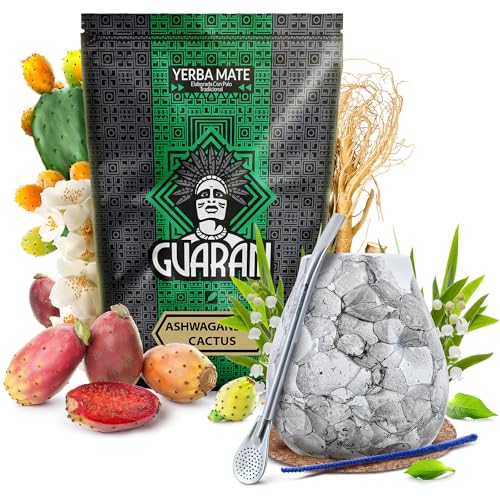 Mate Tee set Guarani Ashwagandha Cactus mit Zubehör | Mate Tee mit Ashwagandha und Ginseng | Kalabasse, Bombilla und Zubehör | Paraguayische Mate Tee | Natürliches Koffein | 500g | 0,5kg von Cebador