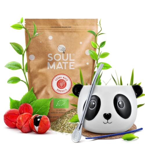 Mate Tee set Soul Mate Energia mit Zubehör | Energiespendende Mate Tee mit Guarana | Kalebasse, Bombilla und Zubehör | Brasilianische, biologische Mate Tee | Natürliches Koffein | 500g | 0,5kg von Cebador