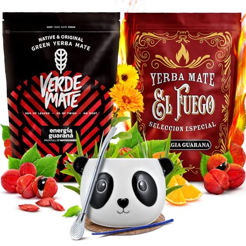 Mate Tee set Verde Mate und El Fuego Energia mit Zubehör | Energiespendende Mate Tee mit Guarana | Kalebasse, Bombilla und Zubehör | Original Mate Tee | Natürliches Koffein | 2x500g | 1kg von Cebador