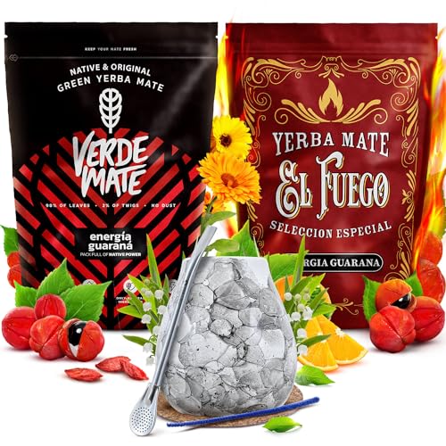 Mate Tee set Verde Mate und El Fuego Energia mit Zubehör | Energiespendende Mate Tee mit Guarana | Kalebasse, Bombilla und Zubehör | Original Mate Tee | Natürliches Koffein | 2x500g | 1kg von Cebador