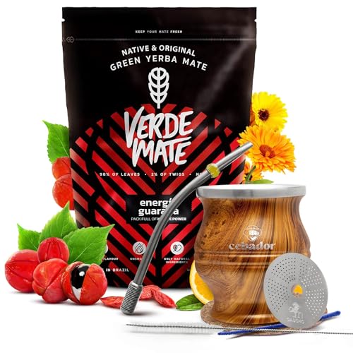 Set Mate Tee Verde Mate Energia Guarana mit Zubehör | Stimulierende Mate Tee | Thermischer Mate-Kürbis TermoColador, Bombilla und Zubehör | Natürliches Koffein | Brasilianische Mate | 500g | 0,5kg Set Mate Tee Verde Mate Energia Guarana mit Zubehör | Stimulierende Mate Tee | Thermischer Mate-Kürbis TermoColador, Bombilla und Zubehör | Natürliches Koffein | Brasilianische Mate | 500g | 0,5kg von Cebador
