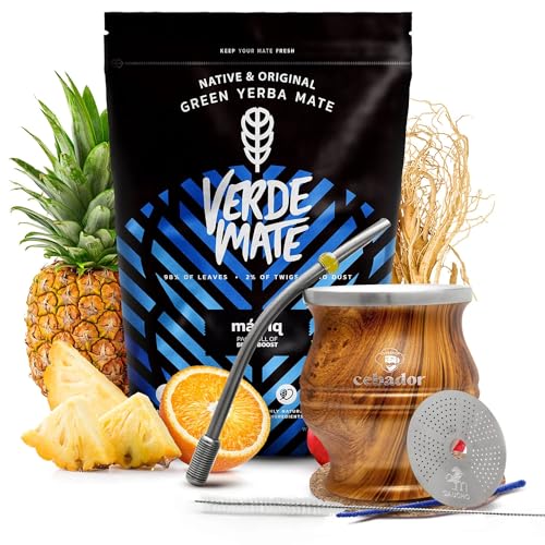 Set Mate Tee Verde Mate Green Mas IQ mit Zubehör | Stimulierende Mate Tee | Thermomate-Kürbis TermoColador, Bombilla und Zubehör | Natürliches Koffein | Brasilianische Mate Tee | 500g | 0,5kg von Cebador