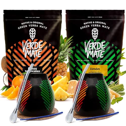 Set Mate Tee mit Zubehör | Verde Mate Green Frutos Tropicales und Limon | Fruchtige Mate Tee | Kalebasse, Bombilla und Zubehör | Natürliches Koffein | Brasilianische Mate Tee | 2x500g | 1kg von Cebador