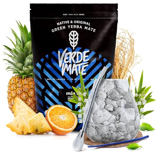 Set Mate Tee mit Zubehör | Verde Mate Green Mas IQ | Stimulierende Mate Tee | Kalebasse, Bombilla und Zubehör | Natürliches Koffein | Brasilianische Mate Tee | 500g | 0,5kg von Cebador