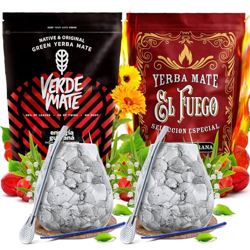 Set aus Mate Tee Verde Mate Green und El Fuego mit Zubehör für zwei Personen | Doppelpack Mate Tee | Energia Guarana | Calabash, Bombilla und Zubehör | Natürliches Koffein | 2x500g | 1kg von Cebador