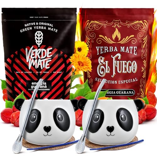 Set aus Mate Tee Verde Mate Green und El Fuego mit Zubehör für zwei Personen | Doppelpack Mate Tee | Energia Guarana | Calabash, Bombilla und Zubehör | Natürliches Koffein | 2x500g |1kg von Cebador