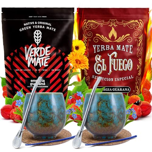 Set aus Mate Tee Verde Mate Green und El Fuego mit Zubehör für zwei Personen | Doppelpack Mate Tee | Energia Guarana | Calabash, Bombilla und Zubehör | Natürliches Koffein | 2x500g | 1kg Set aus Mate Tee Verde Mate Green und El Fuego mit Zubehör für zwei Personen | Doppelpack Mate Tee | Energia Guarana | Calabash, Bombilla und Zubehör | Natürliches Koffein | 2x500g | 1kg von Cebador