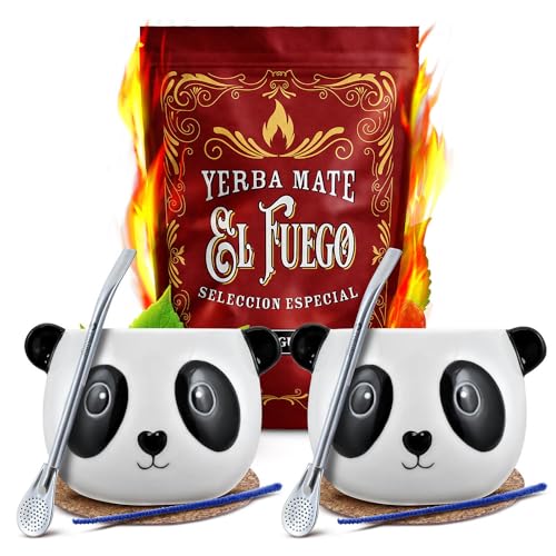 Set von Mate Tee El Fuego Energia Guarana mit Zubehör für zwei Personen | Mate Tee mit Guarana | Kalebasse, Bombilla und Zubehör | Paraguayische Mate Tee | Natürliches Koffein | 500g | 0,5kg von Cebador