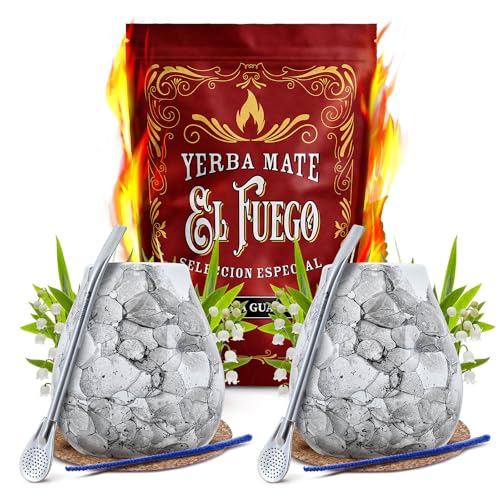 Set von Mate Tee El Fuego Energia Guarana mit Zubehör für zwei Personen | Mate Tee mit Guarana | Kalebasse, Bombilla und Zubehör | Paraguayische Mate Tee | Natürliches Koffein | 500g | 0,5kg von Cebador