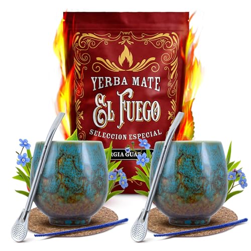 Set von Mate Tee El Fuego Energia Guarana mit Zubehör für zwei Personen | Mate Tee mit Guarana | Kalebasse, Bombilla und Zubehör | Paraguayische Mate Tee | Natürliches Koffein | 500g | 0,5kg Set von Mate Tee El Fuego Energia Guarana mit Zubehör für zwei Personen | Mate Tee mit Guarana | Kalebasse, Bombilla und Zubehör | Paraguayische Mate Tee | Natürliches Koffein | 500g | 0,5kg von Cebador
