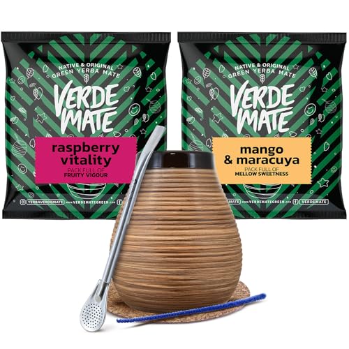 Set von Mate Tee Zubehör mit Proben | Verde Mate Himbeer Vitalität und Mango & Maracuya | Kalebasse, Bombilla und Zubehör | Brasilianische Mate Tee | Natürliches Koffein | 2x50g von Cebador