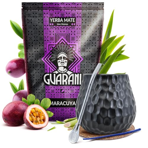 Set von Mate Tee mit Zubehör | Guarani Maracuya | Fruchtige Mate Tee | Kalebasse, Bombilla und Zubehör | Natürliches Koffein | Paraguayische Mate Tee | 500g | 0,5kg von Cebador