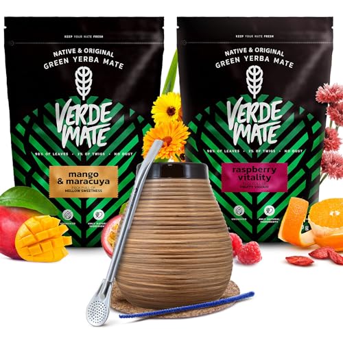 Set von Mate Tee Zubehör mit Proben | Verde Mate Ashwagandha und Mango & Maracuya | Kalebasse, bombilla und Zubehör | Brasilianische Mate Tee | Natürliches Koffein | 2x50g von Cebador