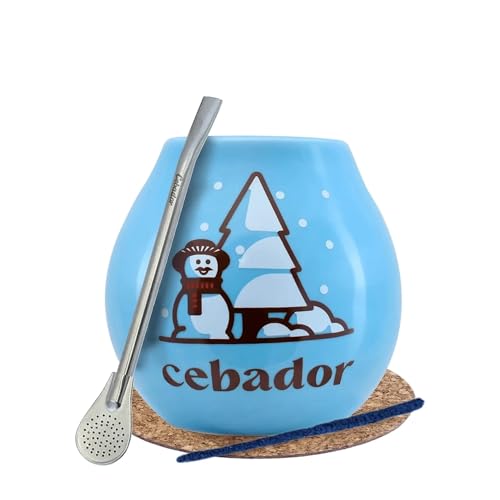 Weihnachtliches Yerba-Mate-Zubehörset | Keramik-Kalebasse Schneemann, Bombilla, Reiniger, Korkpolster | Yerba-Mate-Kürbis von Cebador