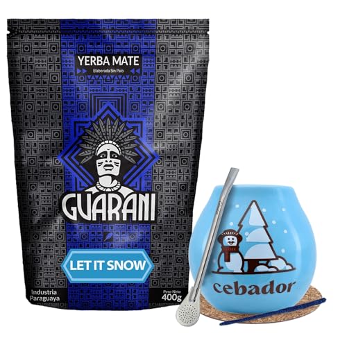 Winterset Mate Tee Guarani mit Zubehör | Guarani Let it Snow | Kalebasse, Bombilla und Zubehör | Paraguayische Mate Tee | Natürliches Koffein | 400g | 0.4kg von Cebador