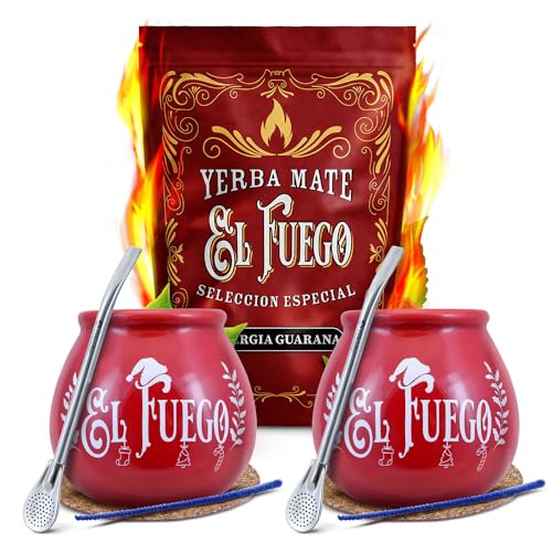 Winterset von Mate Tee El Fuego Energia Guarana mit Zubehör für zwei Personen | Mate Tee mit Guarana | Kalebasse, Bombilla und Zubehör | Paraguayische Mate Tee | Natürliches Koffein | 500g | 0,5kg von Cebador