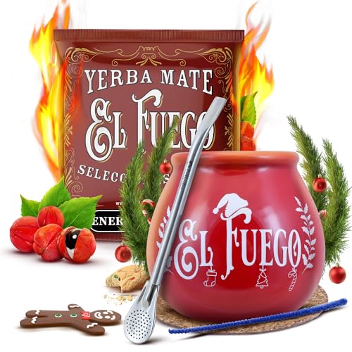 Winterset von Mate Tee Zubehör mit Probe | El Fuego Energia Guarana | Kalebasse, Bombilla und Zubehör | Paraguayische Mate Tee | Natürliches Koffein | 50g von Cebador