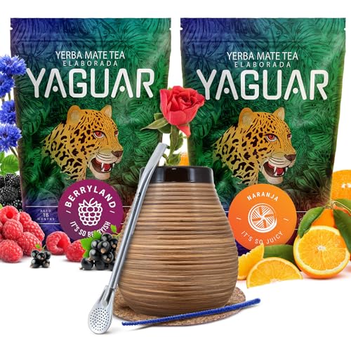 Verde Mate Green Mate Tee Set | Zweierpack Mate Tee | Verde Mate Mas IQ und Frutos Tropicales | Kalebasse, Bombilla und Zubehör | Natürliches Koffein | Brasilianische Mate Tee | 2x500g | 1kg von Cebador