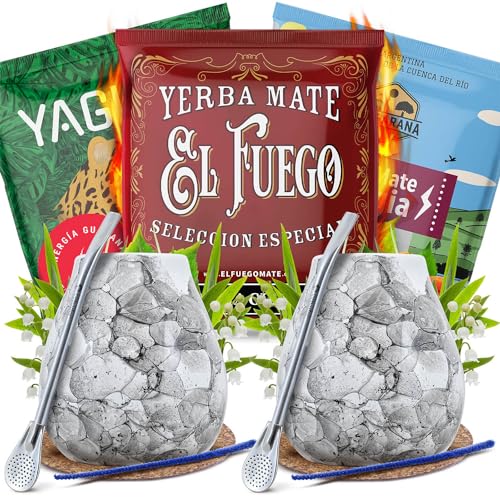 Zubehörset Mate Tee mit Proben für zwei Personen | Yaguar, El Fuego, Rio Parana | Energia Guarana | Calabash, bombilla und Zubehör | Original Mate Tee | Natürliches Koffein | 3x50g von Cebador