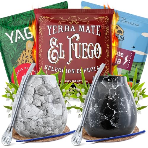 Zubehörset Mate Tee mit Proben für zwei Personen | Yaguar, El Fuego, Rio Parana | Energia Guarana | Calabash, bombilla und Zubehör | Original Mate Tee | Natürliches Koffein | 3x50g von Cebador