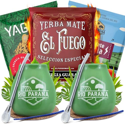 Zubehörset Mate Tee mit Proben für zwei Personen | Yaguar, El Fuego, Rio Parana | Energia Guarana | Calabash, bombilla und Zubehör | Original Mate Tee | Natürliches Koffein | 3x50g von Cebador