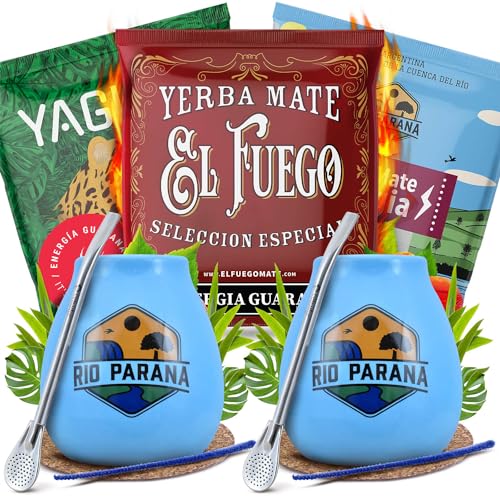 Zubehörset Mate Tee mit Proben für zwei Personen | Yaguar, El Fuego, Rio Parana | Energia Guarana | Calabash, bombilla und Zubehör | Original Mate Tee | Natürliches Koffein | 3x50g von Cebador