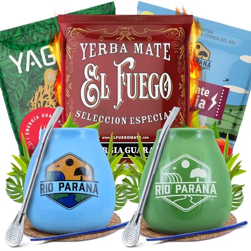 Zubehörset Mate Tee mit Proben für zwei Personen | Yaguar, El Fuego, Rio Parana | Energia Guarana | Calabash, bombilla und Zubehör | Original Mate Tee | Natürliches Koffein | 3x50g von Cebador