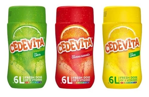 Cedevita Limette/Cedevita Blutorange/Cedevita Zitrone (limeta/crvena narandza/limun) 9 Vitamine, Instant Pulver Vitamin Getränke Mix 3 x 455g, macht 18 L Saft alkoholfreie von Cedevita