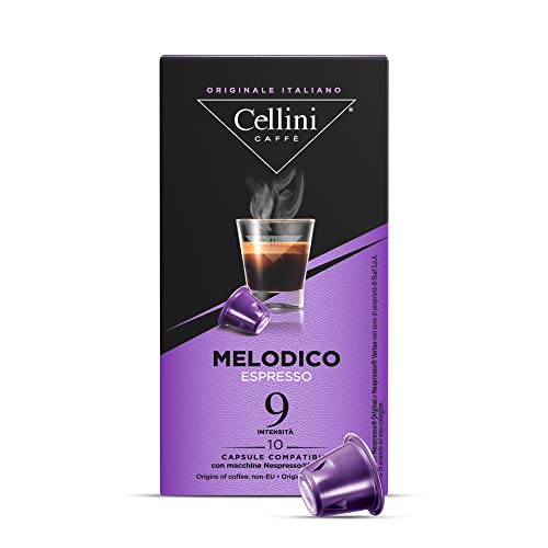Kaffee Cellini Nespresso-kompatible Kapseln - Melodico 100 Stück | Nespresso-kompatible Kaffeekapseln mit bitteren Kakaoaromen | Nespresso-kompatible Kapseln von Cellini