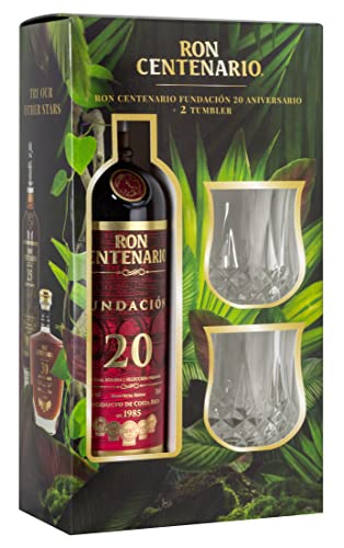 Ron Centenario 20 Jahre Fundación Sistema Solera Reserva Especial 40% vol. 0,7l mit zwei Gläsern Edition 2020 von Centenario