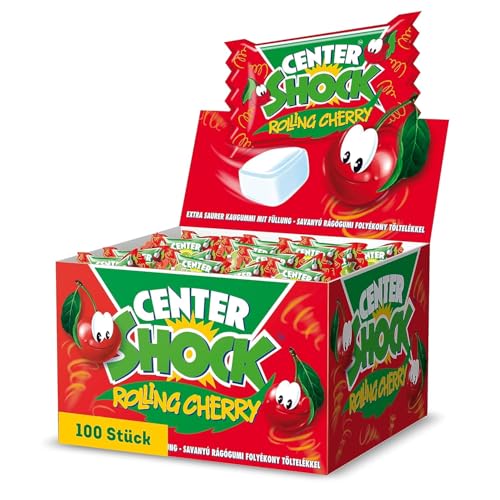 Center Shock Rolling Cherry, Box mit 100 Kaugummis, extra-sauer mit Kirsch-Geschmack, ideal für Geburtstag, Pinata, Candy-Bar & Schultüte, 400g von Center Shock