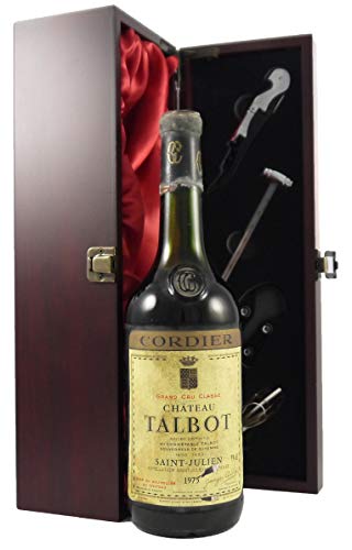 Chateau Talbot 1975 Grand Cru Classe St Julien in einer mit Seide ausgestatetten Geschenkbox. Da zu vier Wein Zubehör, Korkenzieher, Giesser, Kapselabschneider,Weinthermometer, 1 x 750ml von Chateau Talbot