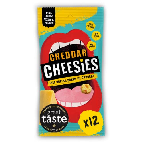 CHEESIES | Knuspriger Käse Keto-Snack | Cheddarkäse |100% Käse | Ohne Zucker, Gluten, Kohlenhydrate | Proteinreich und vegetarisch | Knusprig, gebacken und lecker | Multipack | 12 x 20g Beutel von Cheesies