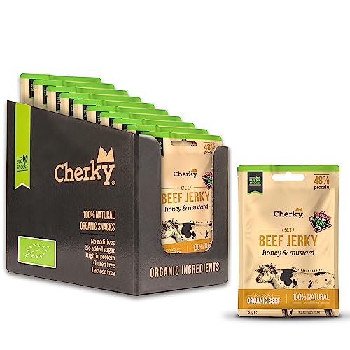 Cherky ECO Beef Jerky BIO Honey & Mustard, 10 x 30g – Edles BIO Jerky Trockenfleisch von grasgefütterten Kühen, spanisches BIO Rindfleisch, Keto, ohne Zusatzstoffe, ohne Gentechnik, BIO zertifiziert von Cherky