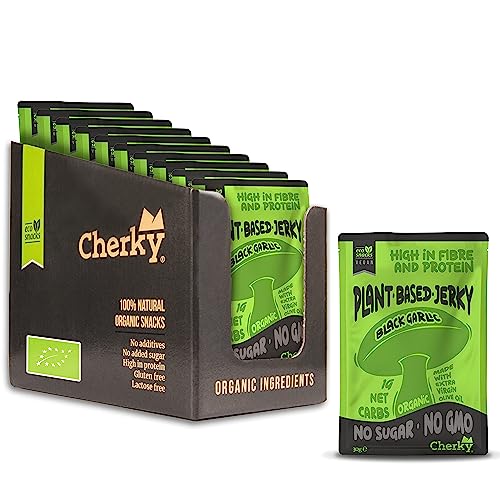 Cherky ECO Plantbased Jerky Black Garlic & Coffee, 10 x 30g – veganes BIO Jerky auf Shiitake Basis, Textur wie Beef Jerky, eiweißreich, ballaststoffreich, nur 1g Netto-Kohlenhydrate, BIO zertifiziert von Cherky