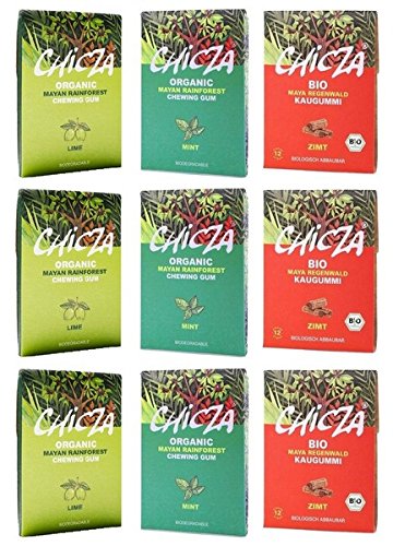 ChicZa Bio-Kaugummi Set 3 x 3 Sorten (9 Tafeln) - Minze, Zimt, Limone (bio, vegan) von Chicza