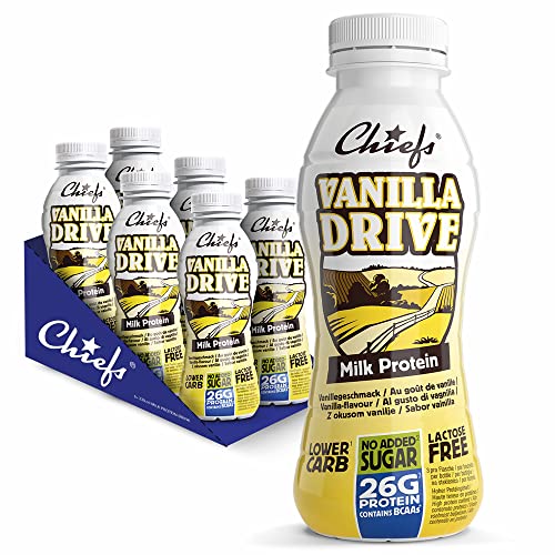 Chiefs Protein Drink (Vanilla Drive) • High Protein Shake mit 26g Protein & BCAA • Lower Carb, ohne Zuckerzusatz & laktosefrei • Fitness Eiweiß Drink • 6 x 330ml (inkl. 1,50€ Pfand) von Chiefs