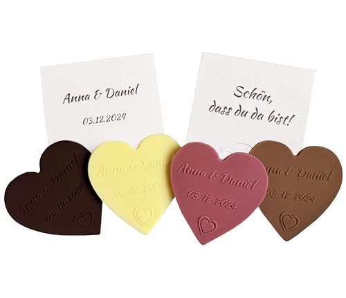 CHOCO SECRETS | 20 Personalisierte Schokoladen-Herzen | Gastgeschenke zur Hochzeit, Jubiläum, Kommunion mit Namen und Datum | Einzeln verpackt in bedruckter Geschenkbox | Motiv: Herz-in-Herz von CHOCO SECRETS