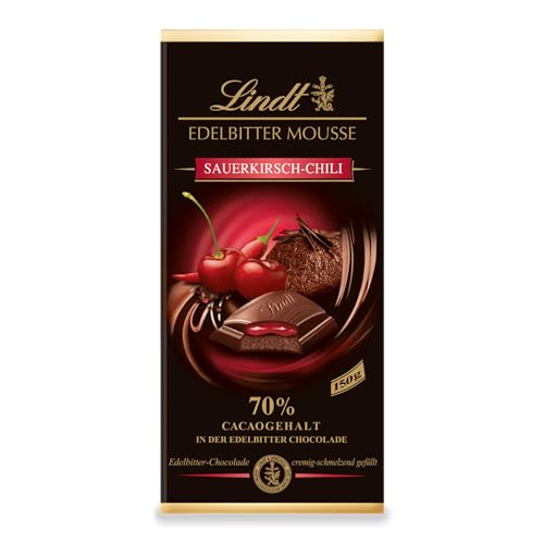 Lindt Schokolade Edelbitter Mousse Sauerkirsch-Chili | 150 g Tafel | Mit 70 % Kakaogehalt und dunkler Mousse au Chocolat und Sauerkirsch-Chili Füllung | Schokoladentafel | dunkle Schokolade Lindt Schokolade Edelbitter Mousse Sauerkirsch-Chili | 150 g Tafel | Mit 70 % Kakaogehalt und dunkler Mousse au Chocolat und Sauerkirsch-Chili Füllung | Schokoladentafel | dunkle Schokolade von Lindt