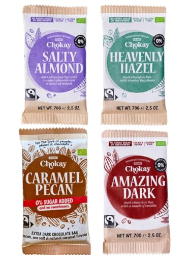 Chokay BIO Bar - 4er PROBIERSET/Amazing Dark, Heavenly Hazel, Caramel Pecan, Salty Almond/Ohne Zuckerzusatz, ohne Süßungsmittel/VEGAN, GLUTENFREI & FAIR TRADE / 4x70g von Chokay