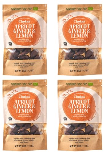 Chokay BIO Bites 4er SET - APRICOT GINGER & LEMON/Belgische Zartbitterschokolade gefüllt mit Aprikose, Ingwer, Zitrone/Ohne Zuckerzusatz, ohne Süßungsmittel/VEGAN, GLUTENFREI, FAIR TRADE / 4x85g von Chokay