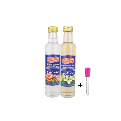 Chtoura Garden 1x Orientalisches Rosenwasser 1x Orangenblütenwasser - Ideale Aromatisierung für Backwaren, Süßspeisen und Getränke - 2 x 250 ml Glasflaschen mit gratis Geschnek von Chtoura Garden