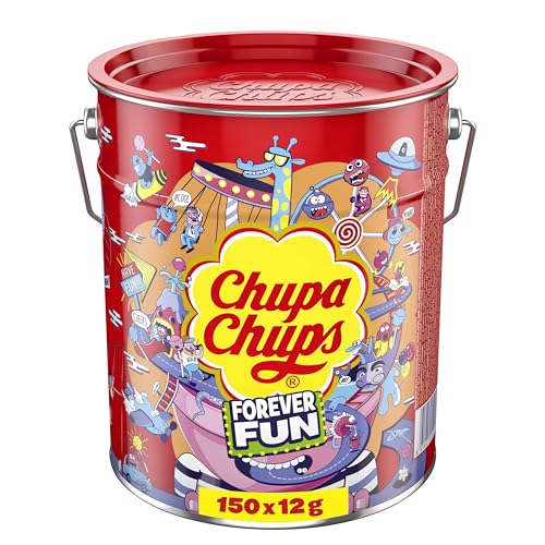 Chupa Chups Best of Lollipop-Eimer, enthält 150 Lutscher in 6 Geschmacksrichtungen in der Pop-Art Metall-Dose, praktische Aufbewahrungs-Dose, 150 x 12g von Chupa Chups